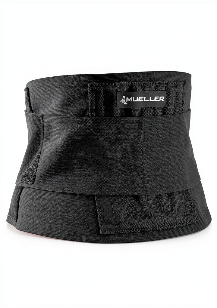 Adult wearing Mueller back brace while walking outdoors